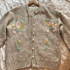 Embroidered Grey Beige Cardigan Sweater